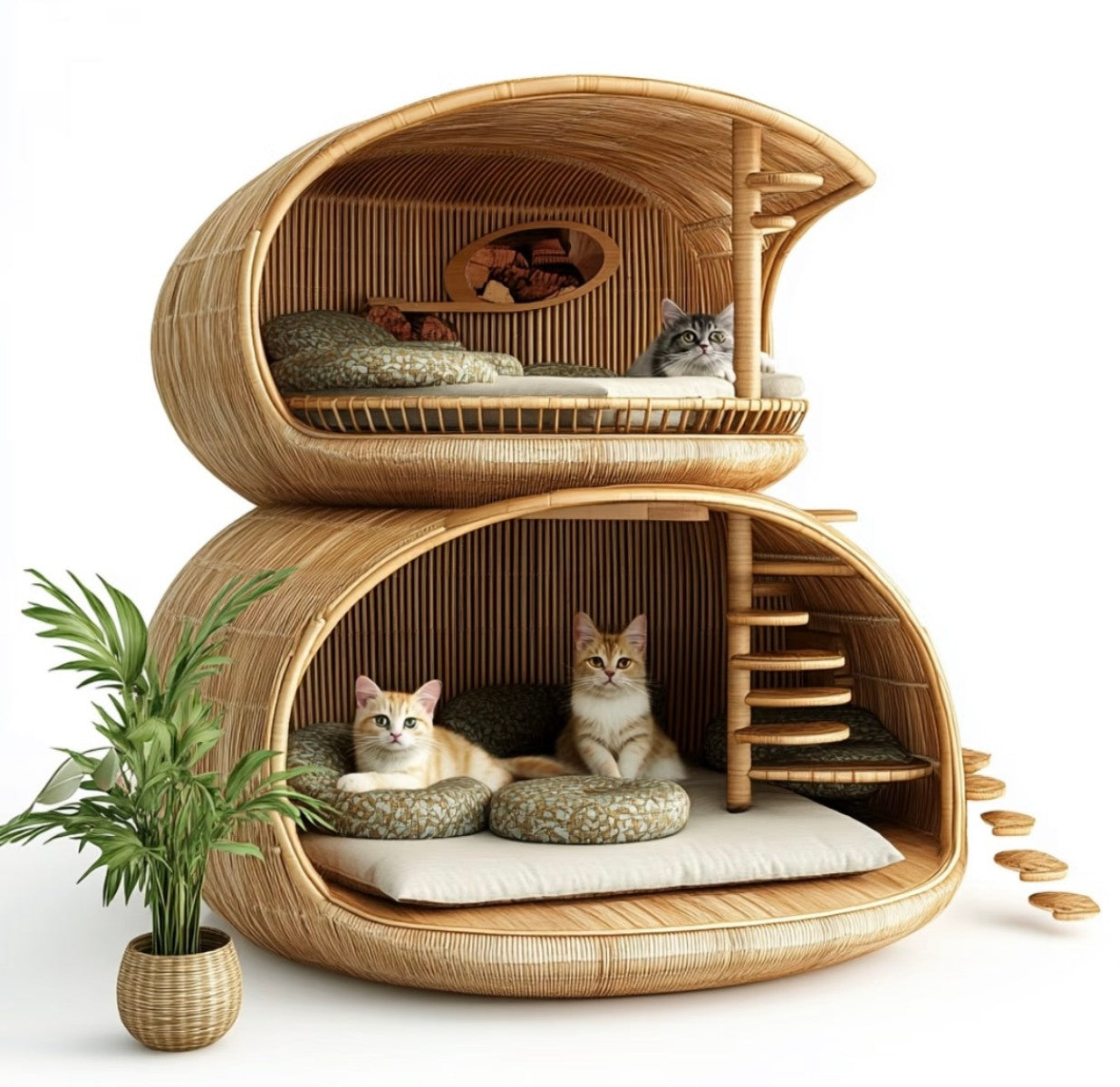 Double-Layer Rattan Cat House – Luxury Multi-Cat Condo