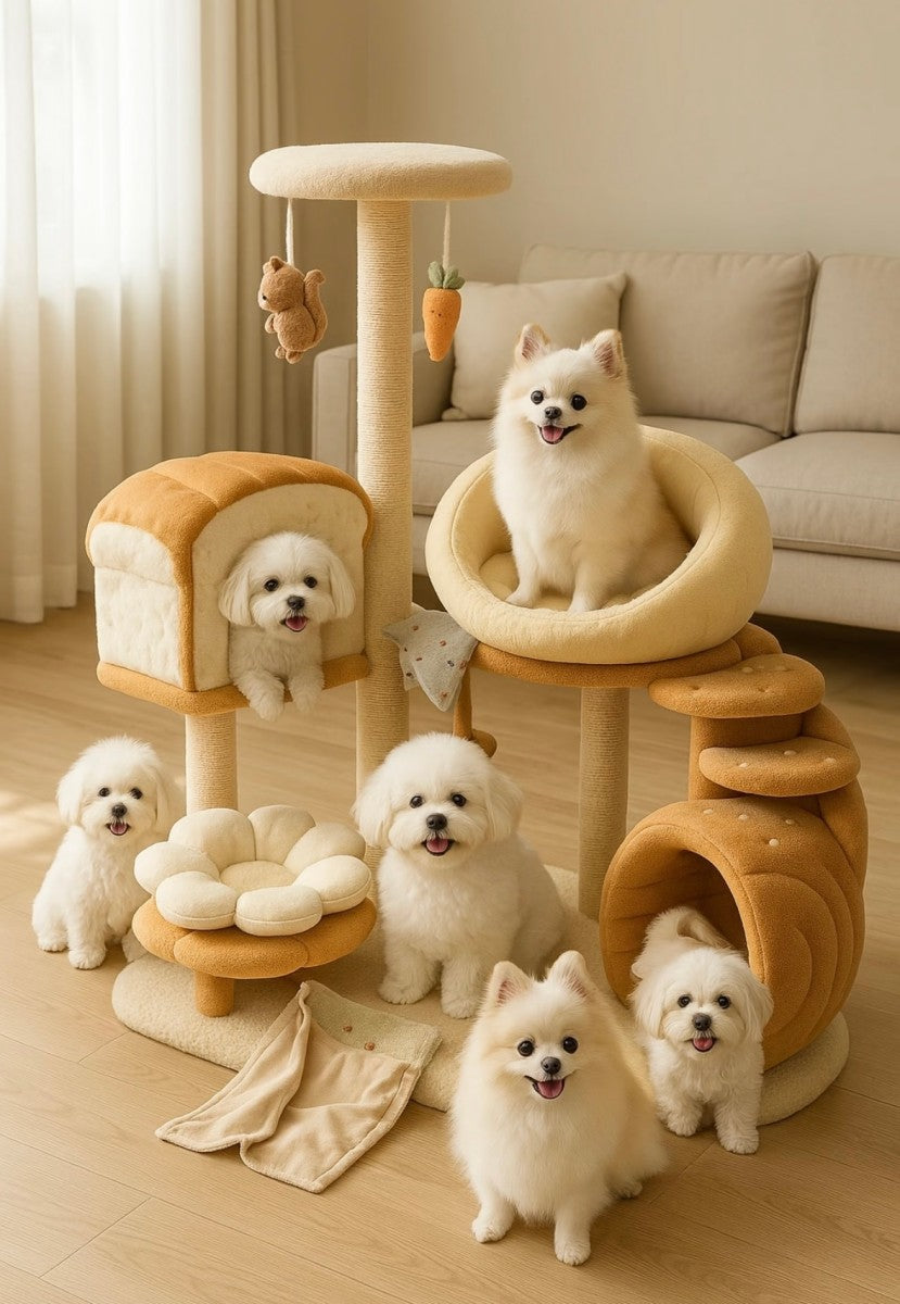Plush Dog Activity Tower – Multi-Level Playhouse with Cozy Hideouts