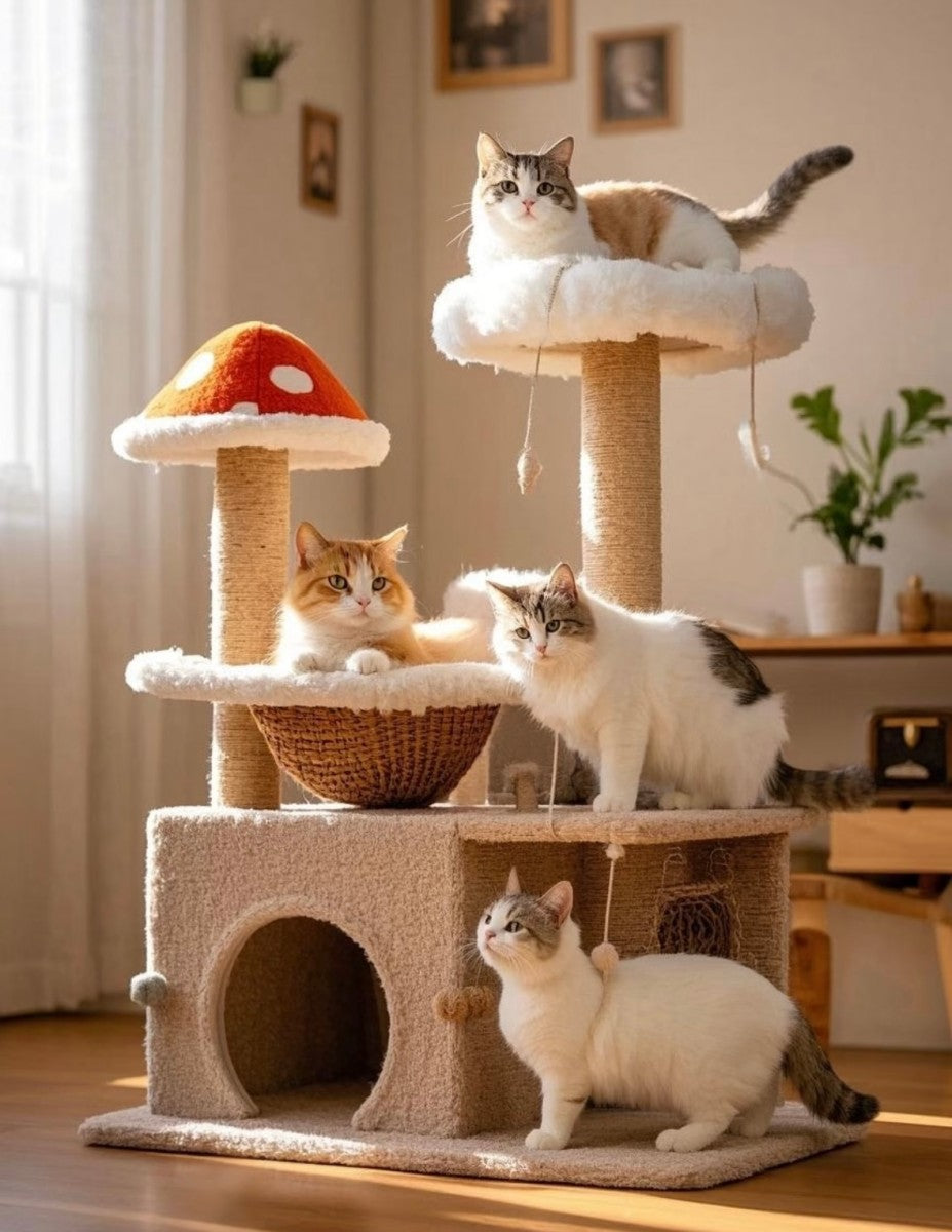 Mushroom Cat Tree Tower – Playful Multi-Level Cat Condo for Multiple Cats
