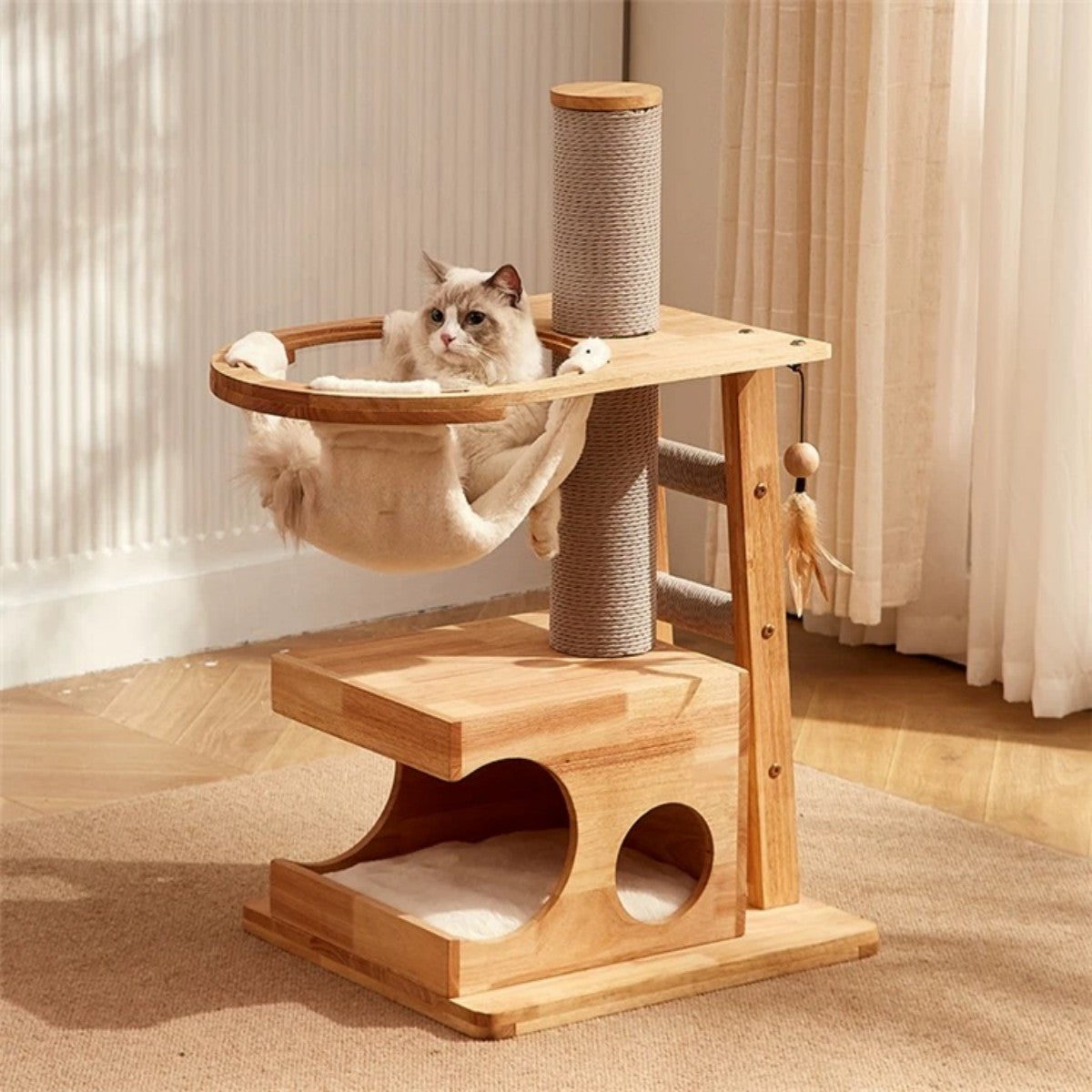 Modern Wooden Cat Tree Tower with Hammock and Hideout