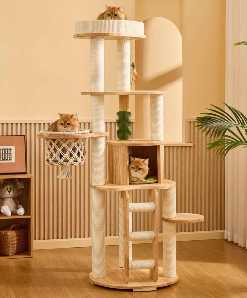 Wooden Cat Tree Tower – Multi-Level Cat Condo with Hammock & Hideout