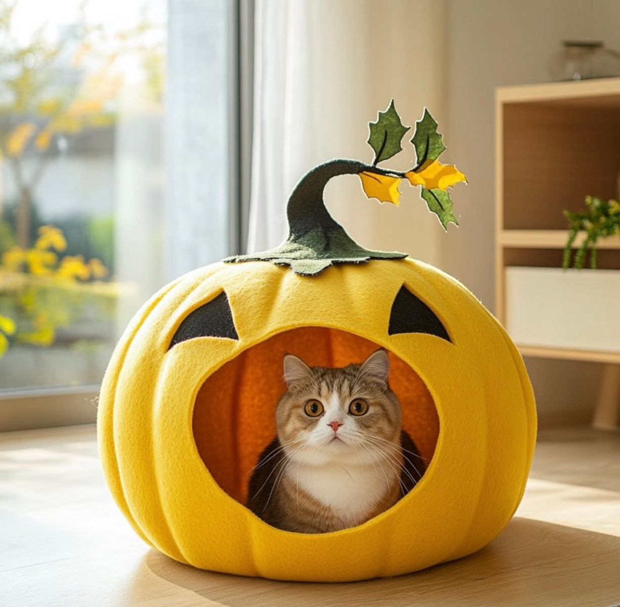 Pumpkin Cat House Bed – Enclosed Felt Hideaway for Cats