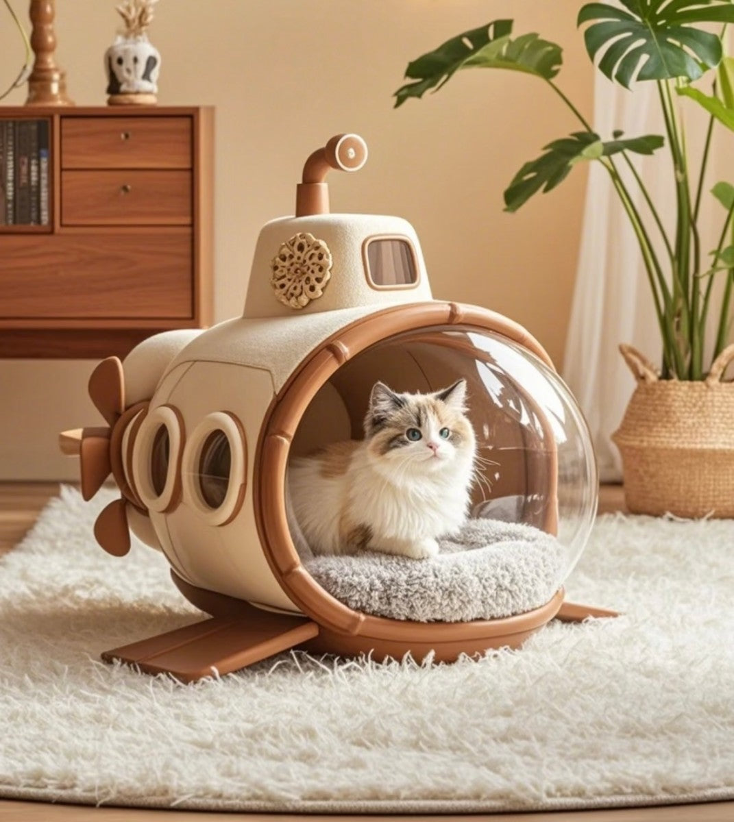 Submarine Cat House – Cozy Enclosed Bed with Dome Window