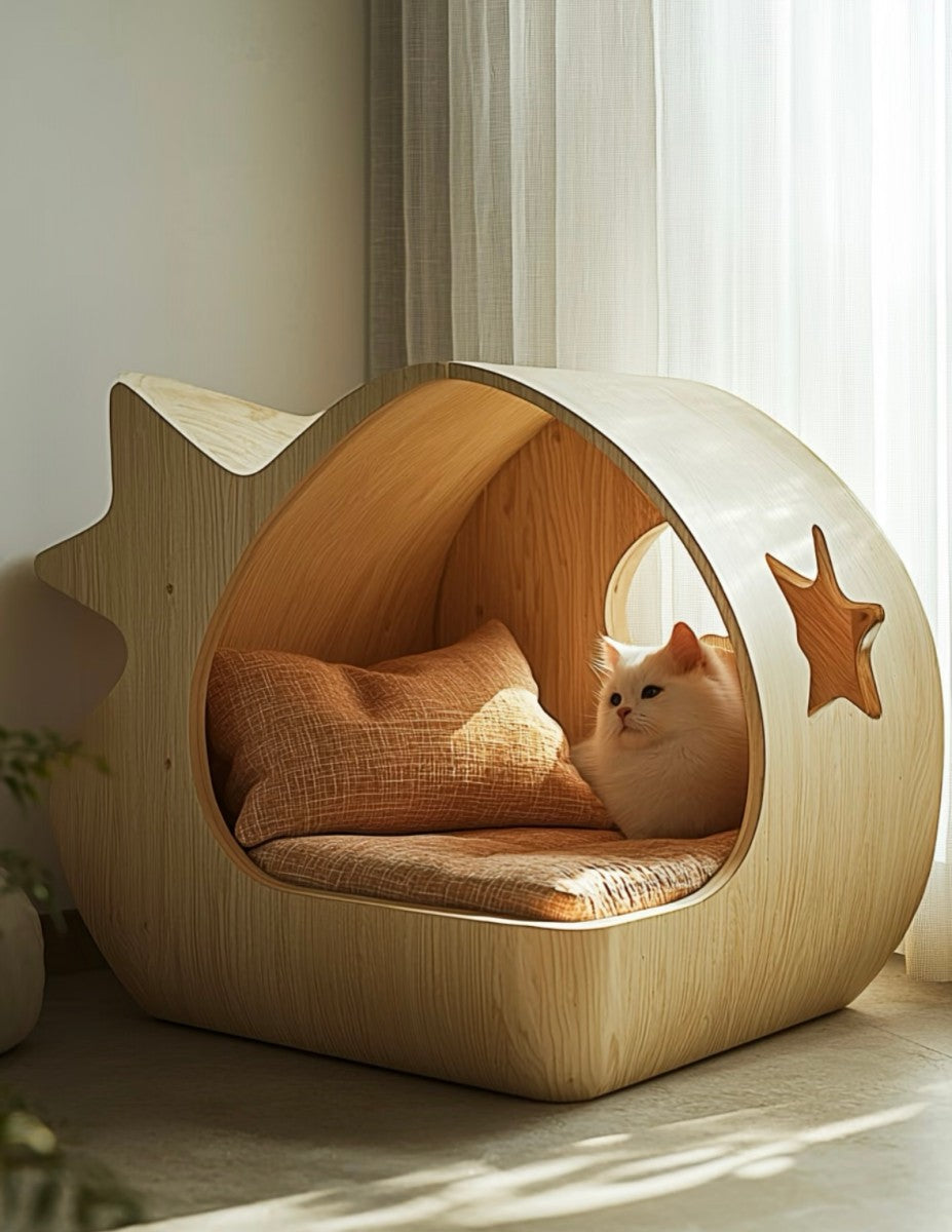 Wooden Fish-Shaped Cat House – Unique Pet Bed for Cats