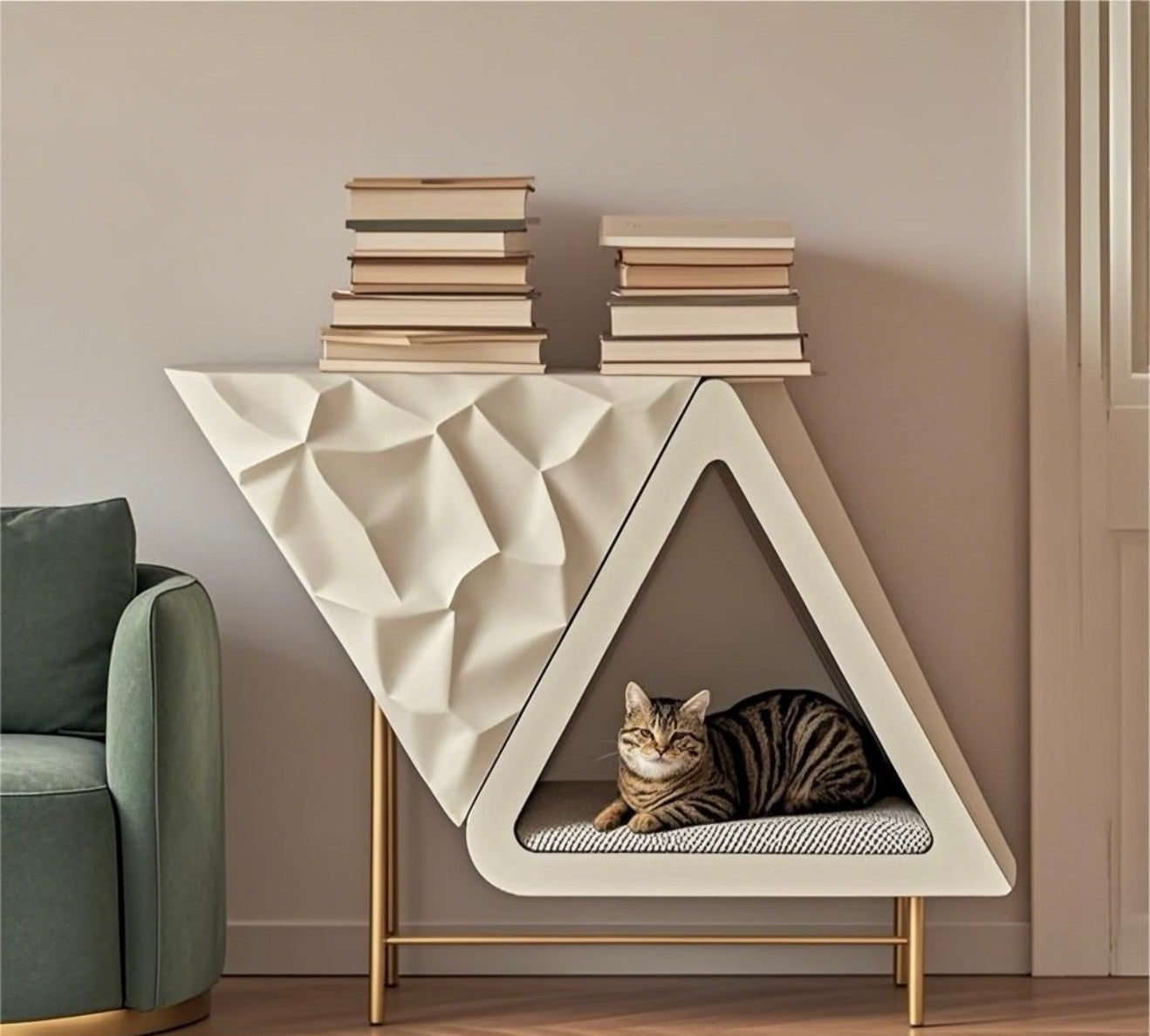 Geometric Cat House Shelf – Stylish Cat Hideaway and Bookshelf