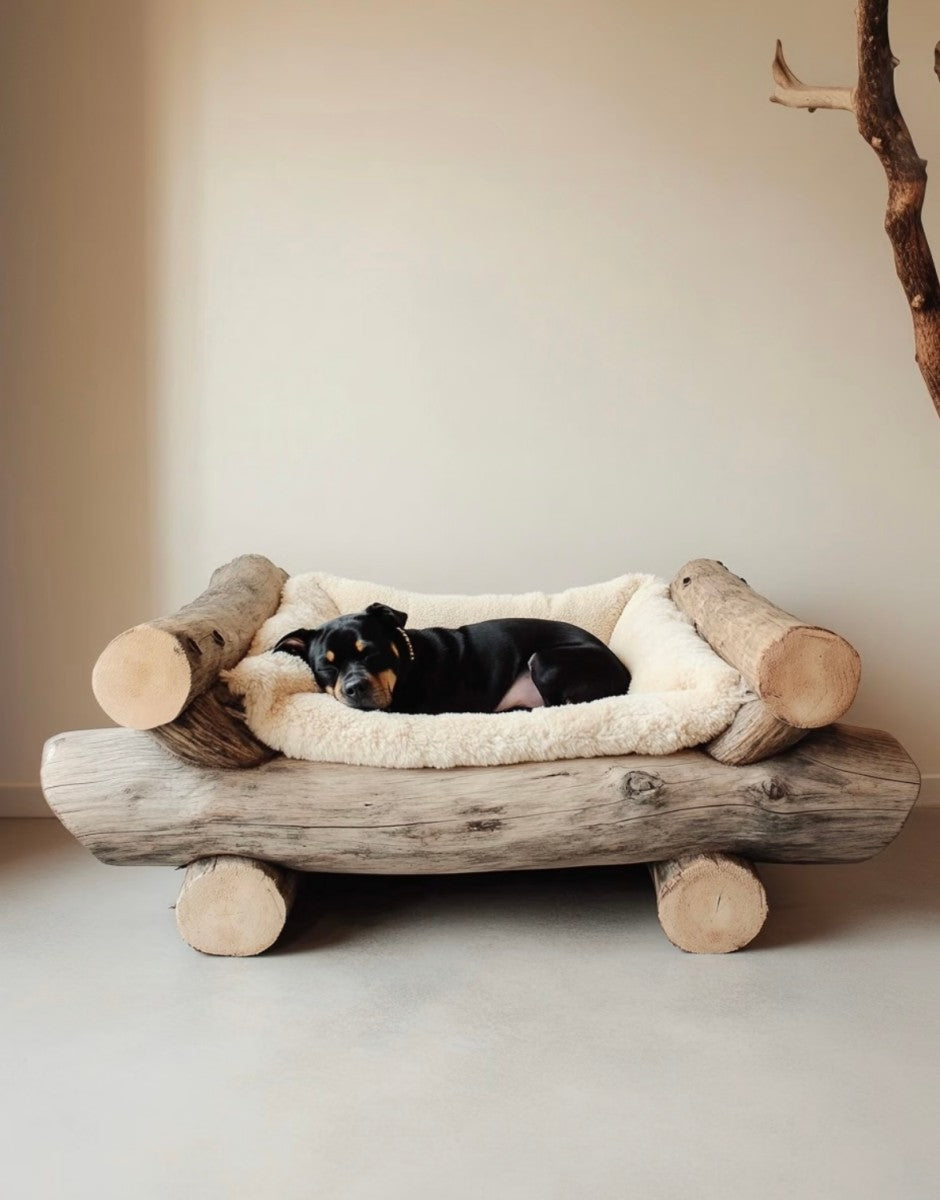 Rustic Wooden Dog Bed – Cozy Pet Bed with Plush Cushion