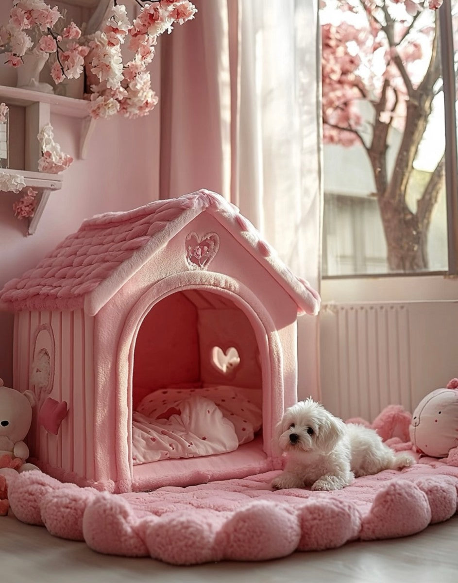 Pink Plush Indoor Dog House – Cozy and Adorable Pet House for Small Dogs