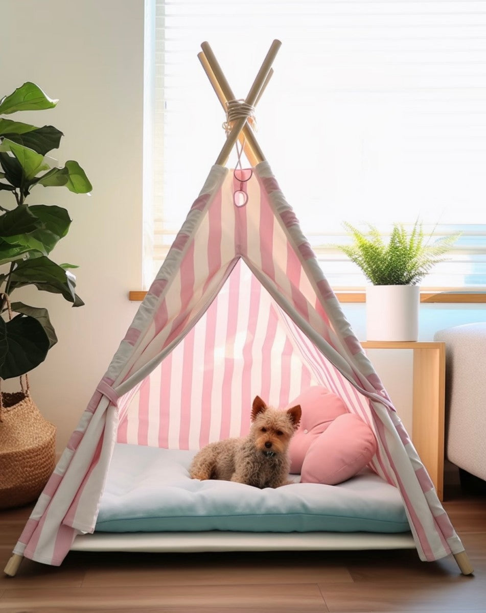 Striped Teepee Dog House – Cute Indoor Tent Bed for Small Pets