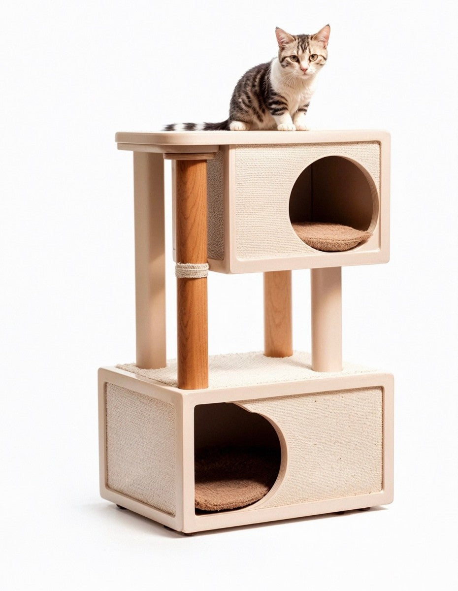 Two-Level Cat Tree Tower – Modern Playhouse with Scratch Posts