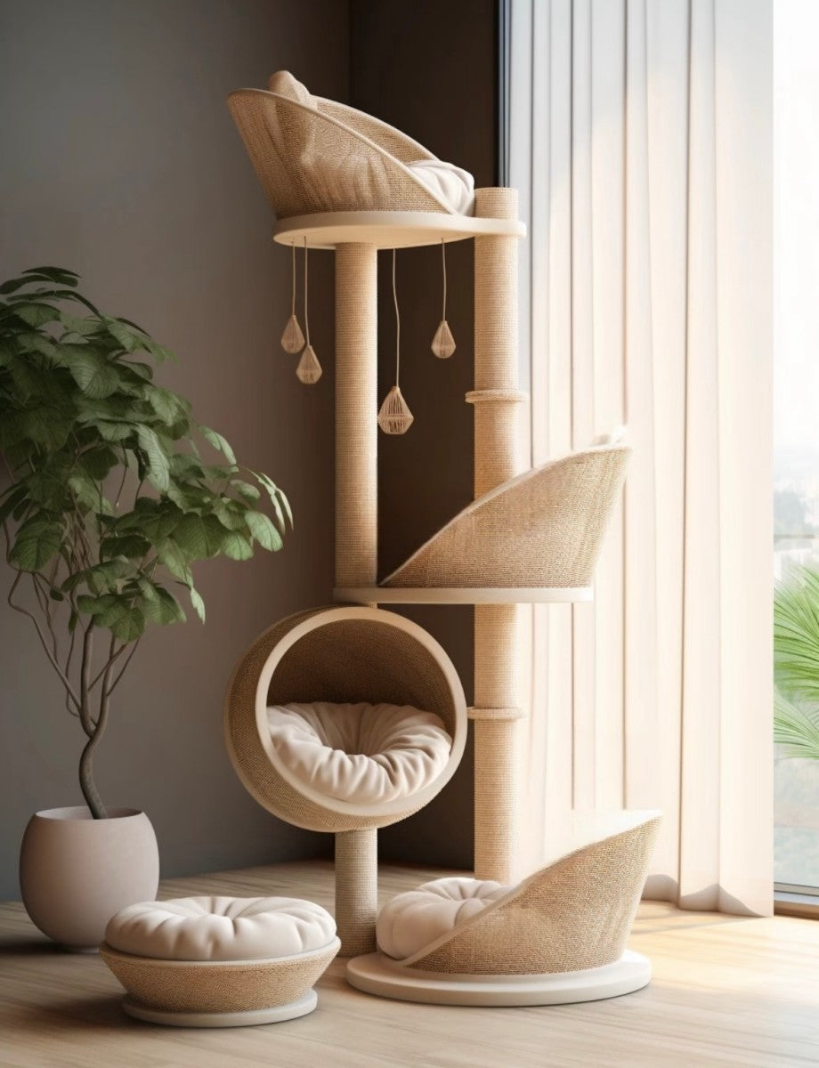 Luxury Rattan Cat Tree – Multi-Level Cat Tower with Cushioned Lounges