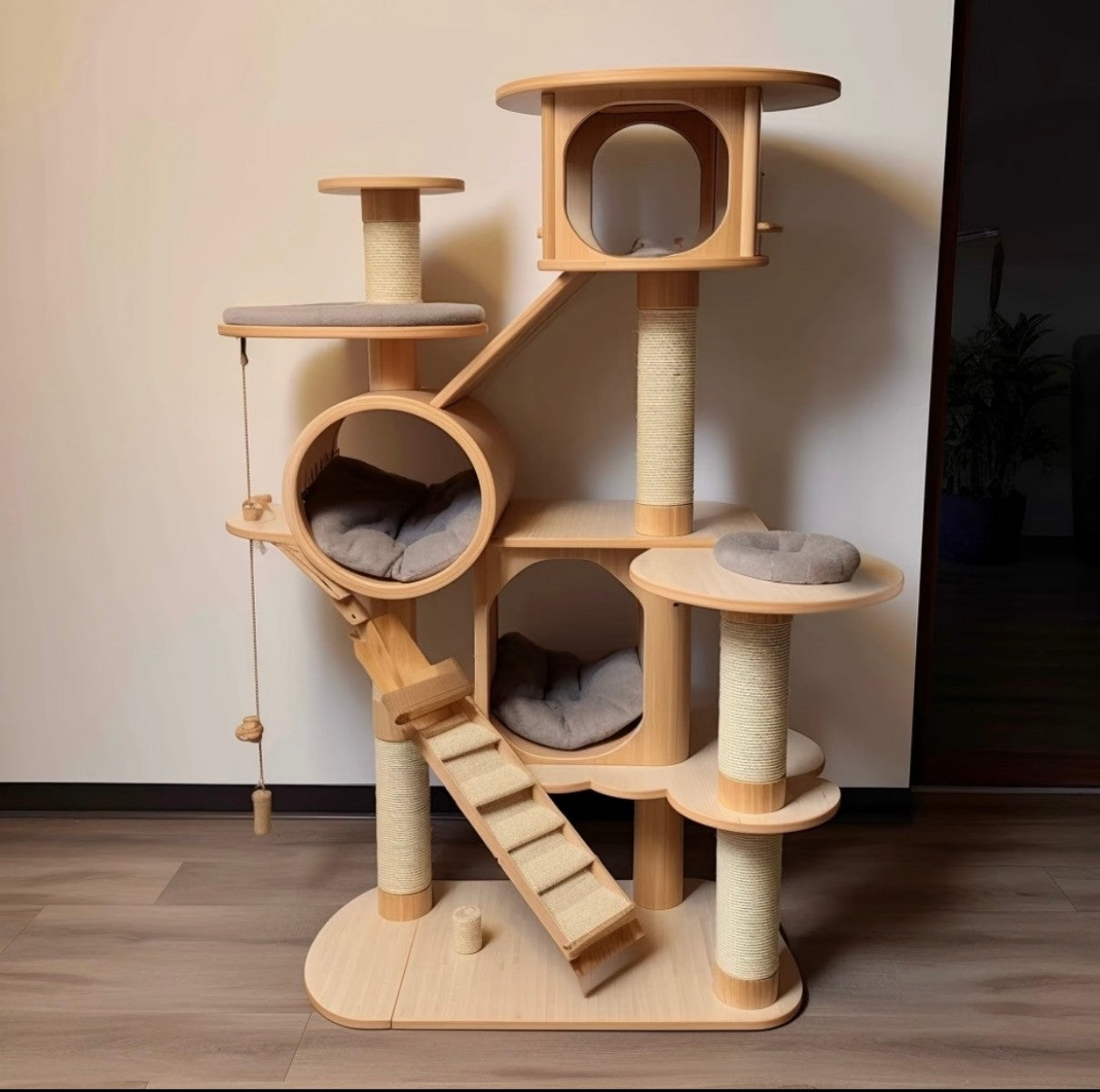 Large Wooden Cat Tree Tower – Multi-Level Cat Condo with Ramps and Hideouts