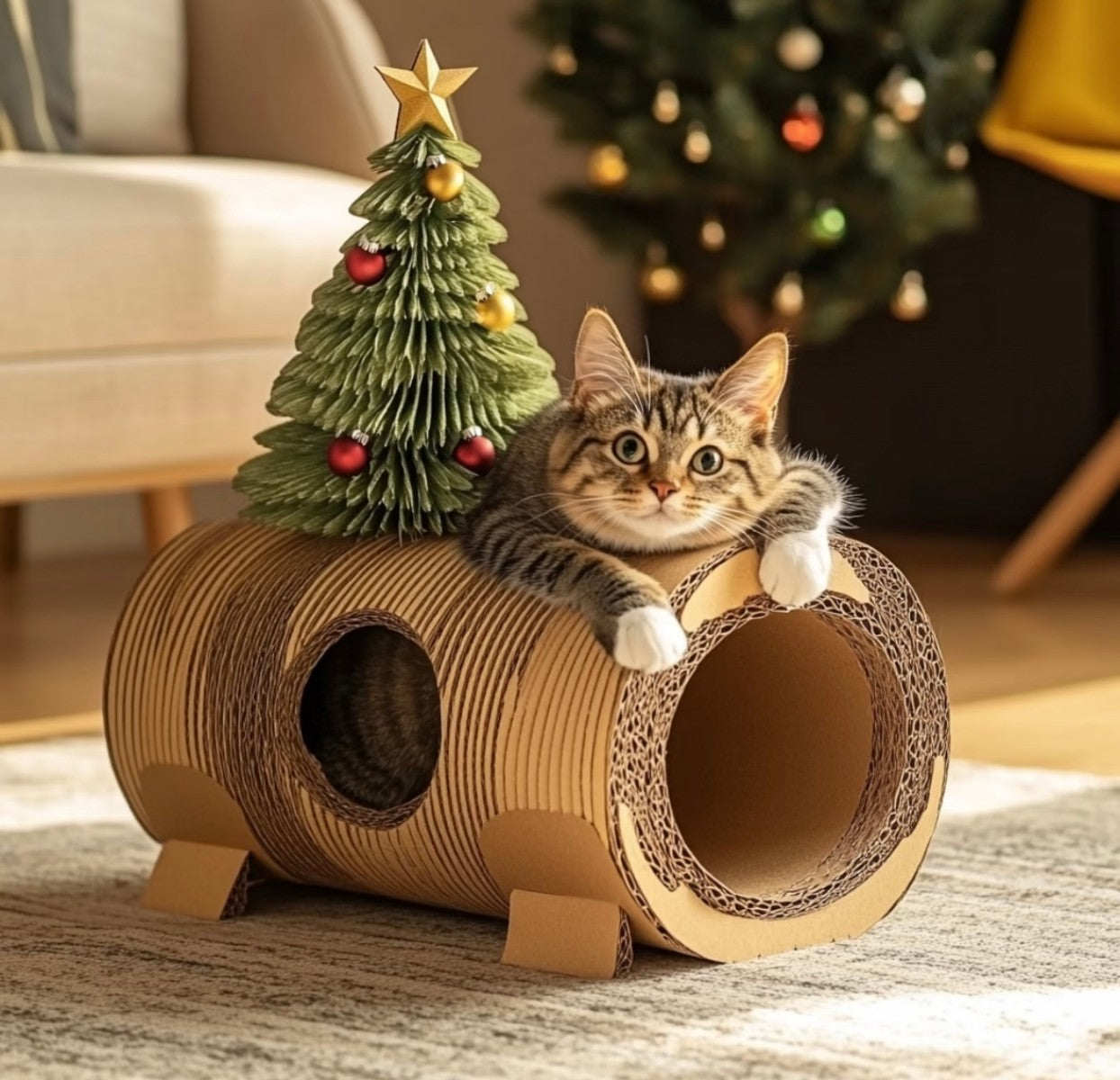 Christmas Tree Cat Scratcher Tunnel – Festive Cardboard Hideaway for Cats