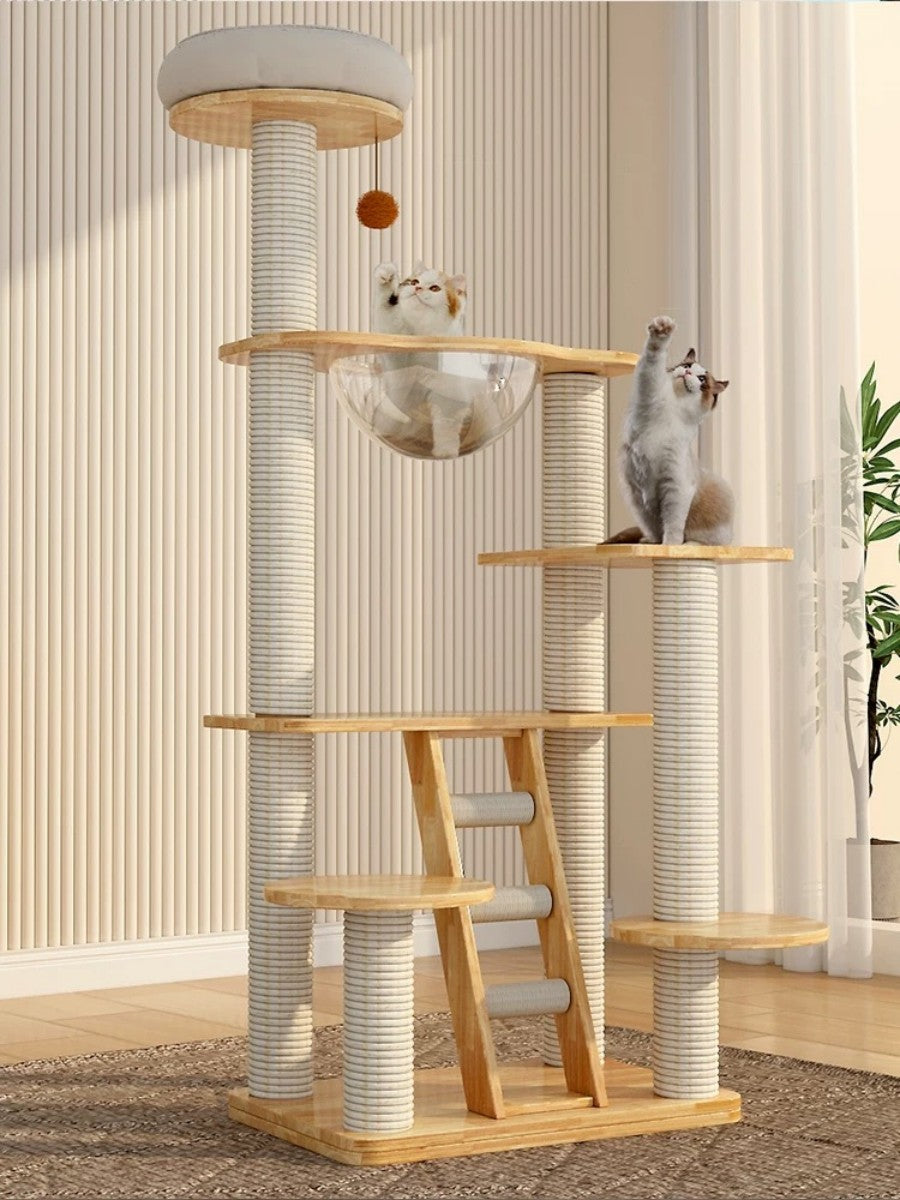 Wooden Cat Tree Tower – Multi-Level Activity Center with Glass Hammock