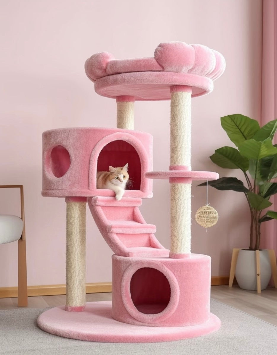 Pink Princess Cat Tree Tower – Plush Multi-Level Cat Condo