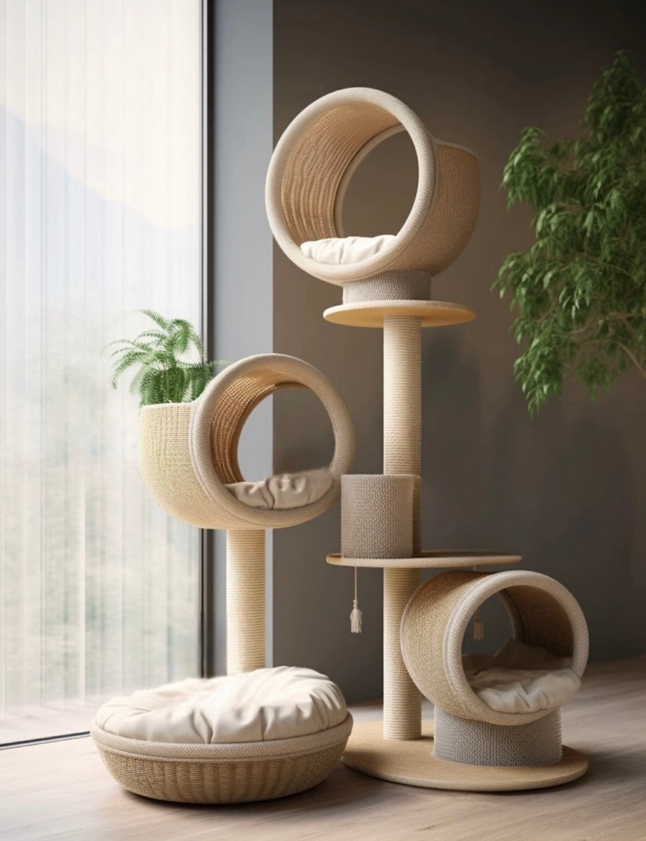 Luxury Rattan Cat Tree – Multi-Level Tower with Cozy Pods and Lounger