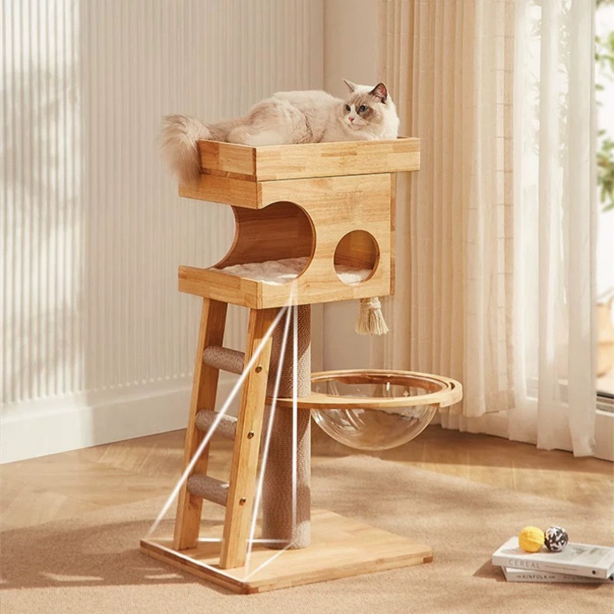 Wooden Cat Tree Tower – Multi-Level Cat Furniture with Glass Bowl Hammock