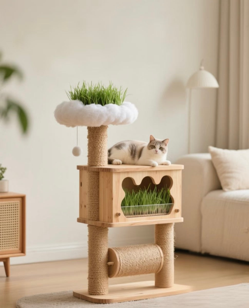 Cat Tree Tower with Cloud Bed and Cat Grass Box – Modern Activity Center