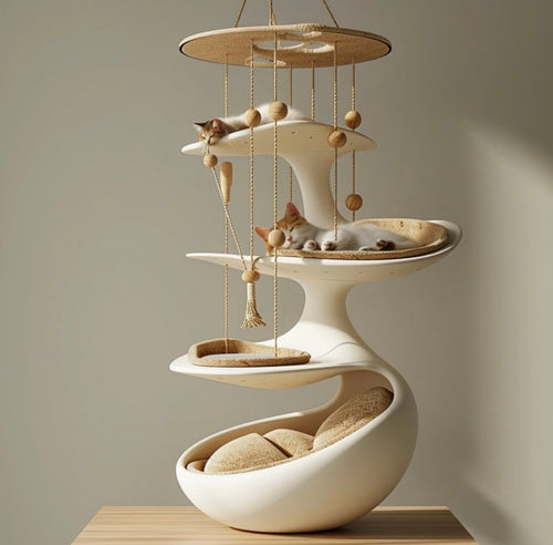 Artistic Multi-Level Cat Tree – Modern Cat Tower with Hanging Toys