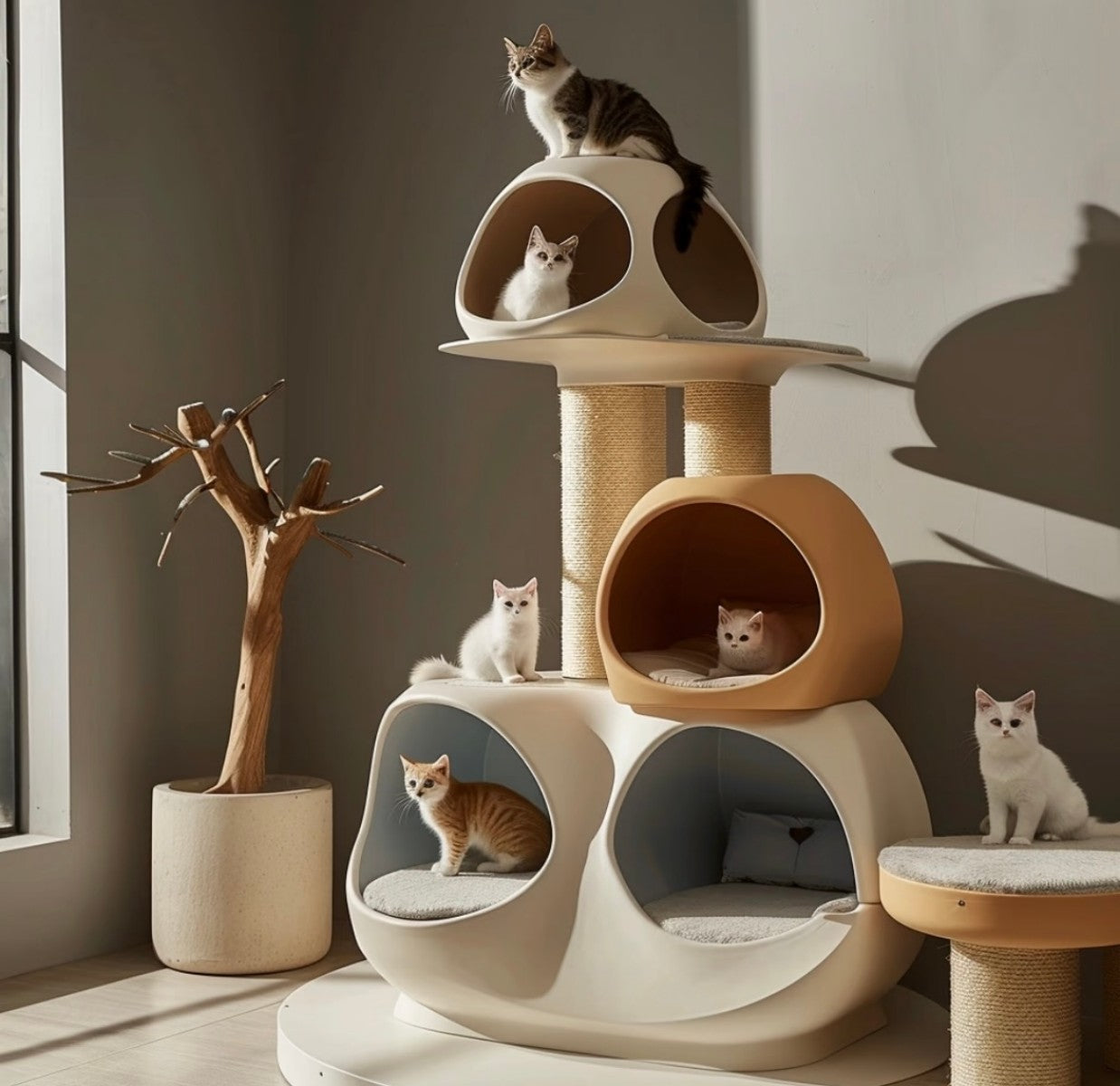 Multi-Cat Tower – Modern Cat Tree with Enclosed Pods and Scratching Posts