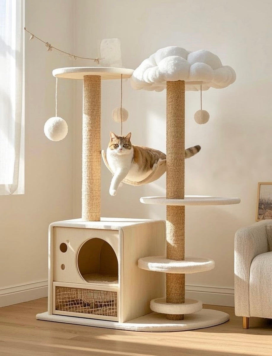 Cloud-Themed Cat Tree Tower – Multi-Level Playhouse for Cats