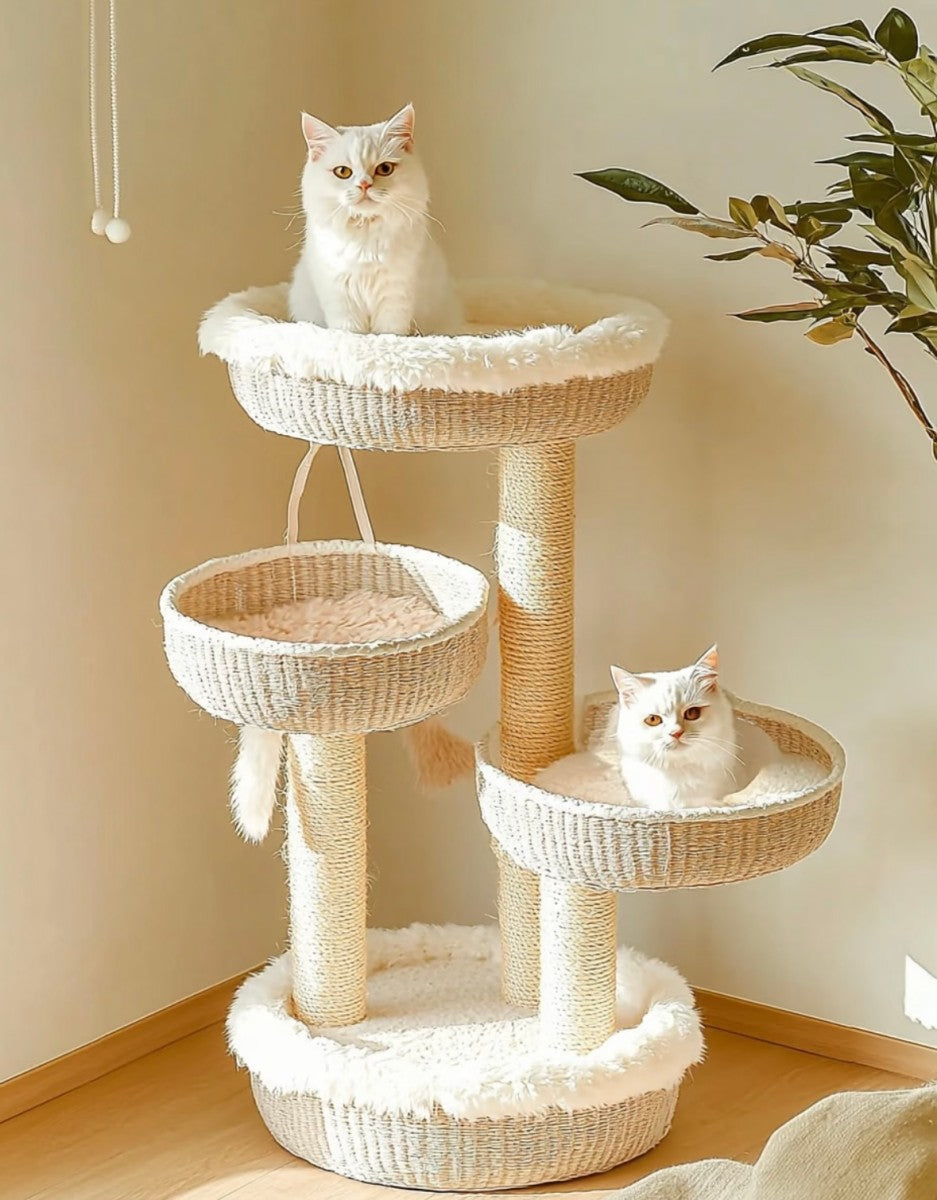Multi-Level Woven Cat Tree Tower – Cozy Cat Scratching Post with Baskets