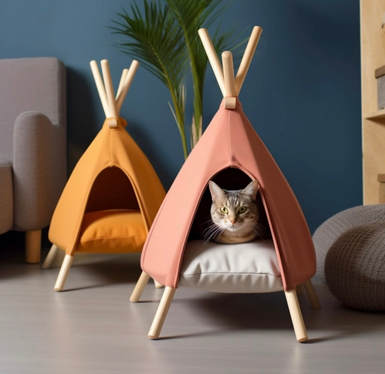 Modern Teepee Cat House – Foldable Tent Pet Bed with Soft Cushion