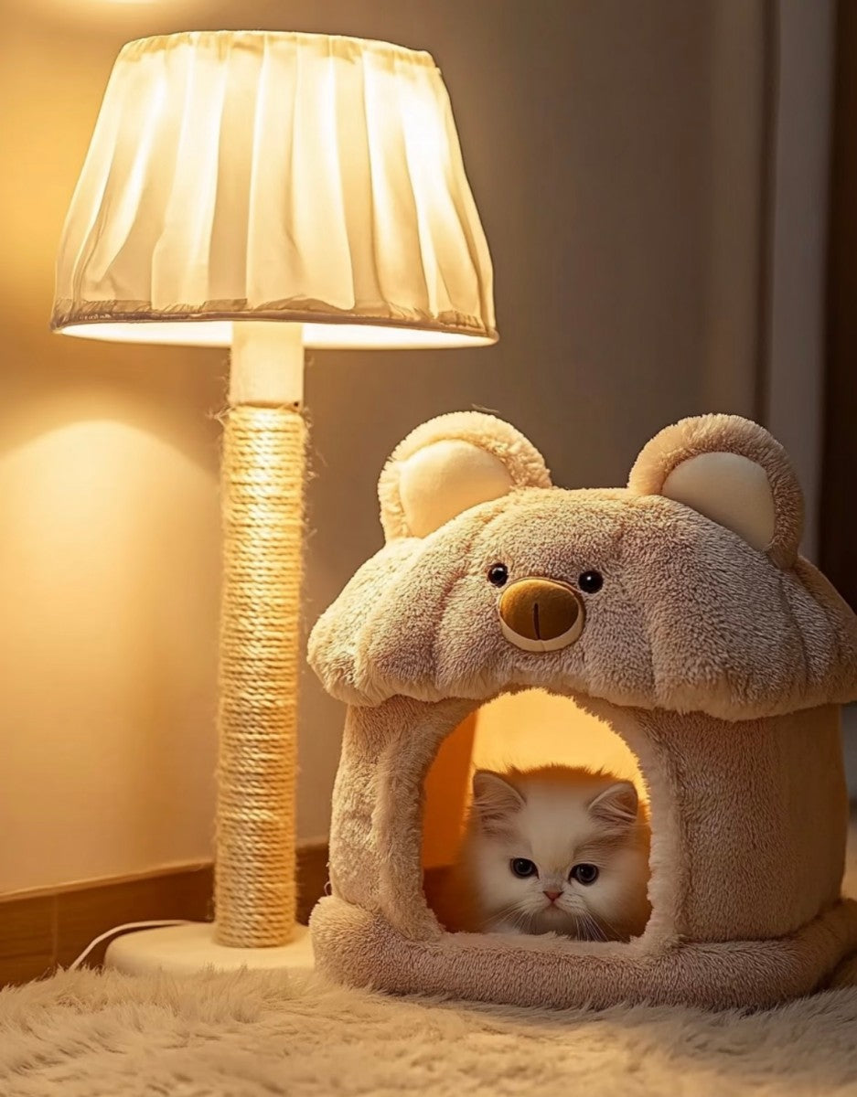 Cute Bear Plush Cat House – Cozy Enclosed Bed for Kittens