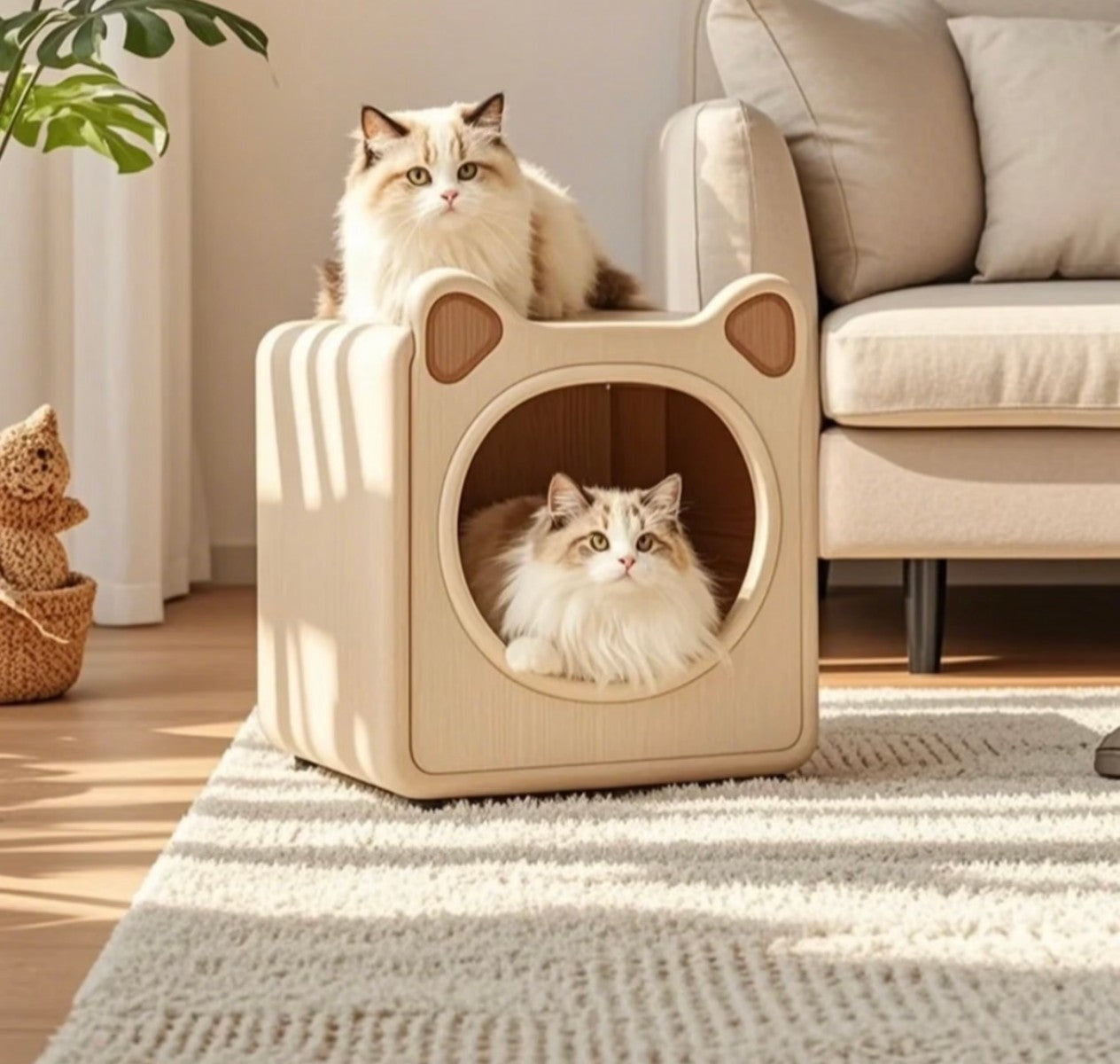 Bear Ears Wooden Cat House – Double-Level Cat Condo for Two Cats