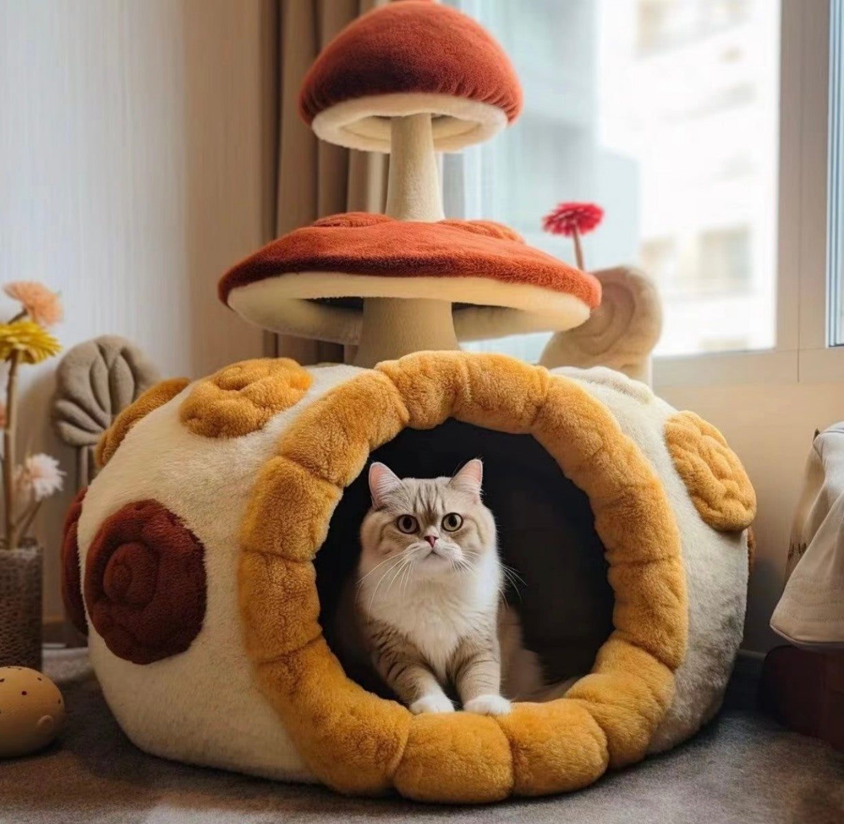 Mushroom Cat Tree House – Plush Cat Condo with Climbing Tower