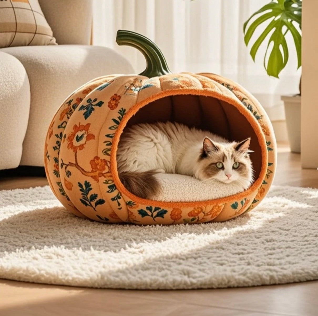 Pumpkin Cat Bed – Plush Floral Embroidered Pet House
