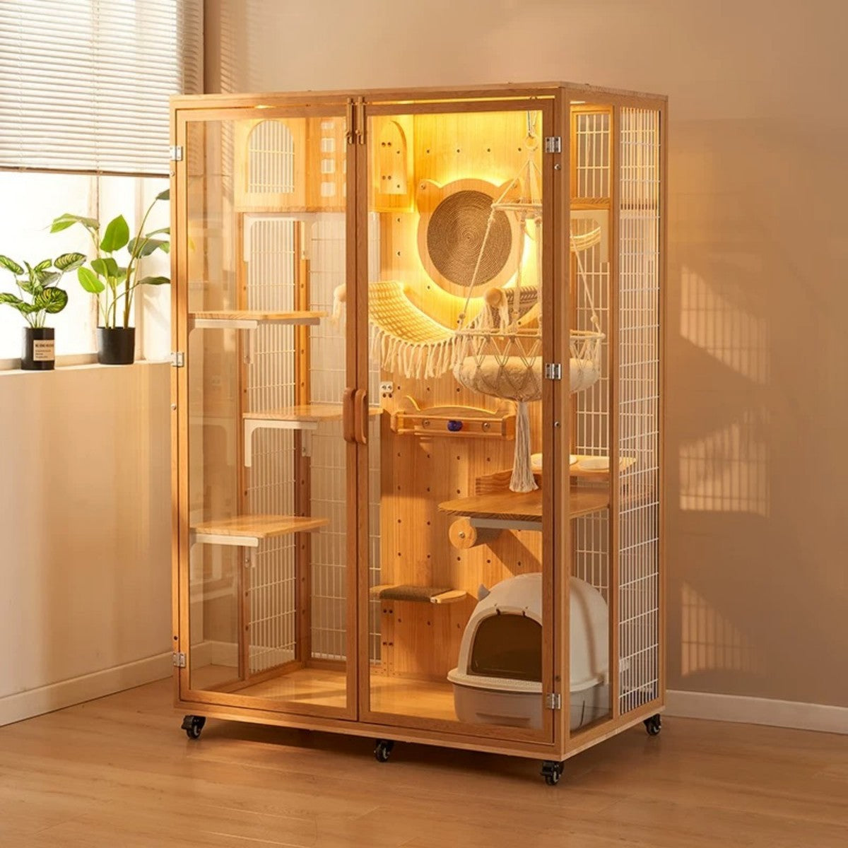 Deluxe Wooden Cat Condo Tower – Multi-Level Indoor Cat Cage with Glass Door