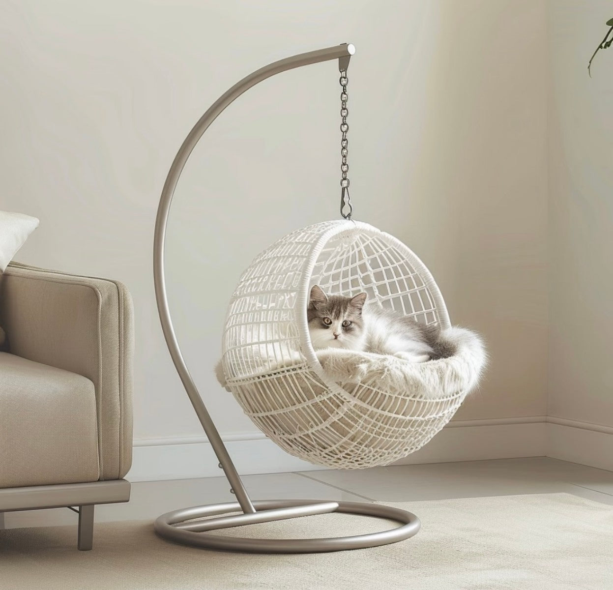 Hanging Egg Cat Bed – Rattan Swing Pet Bed with Soft Cushion