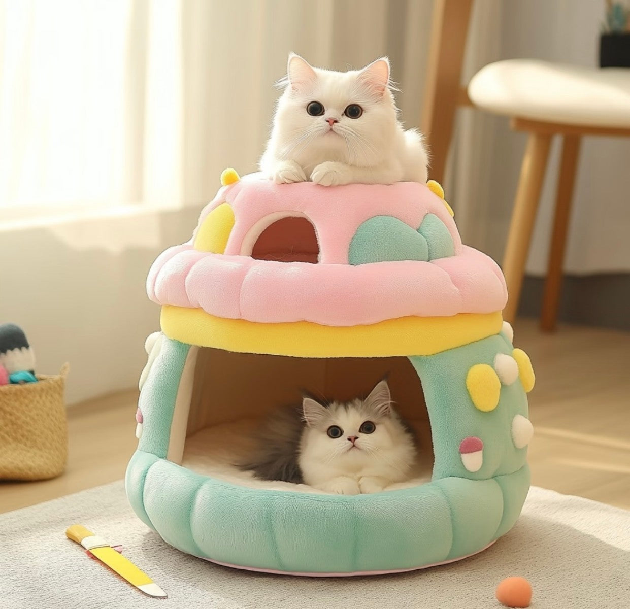Double-Layer Pastel Cat House – Cozy Plush Bed for Two Cats