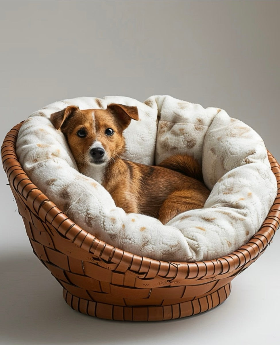 Woven Basket Dog Bed – Cozy Plush Cushion Pet Lounger