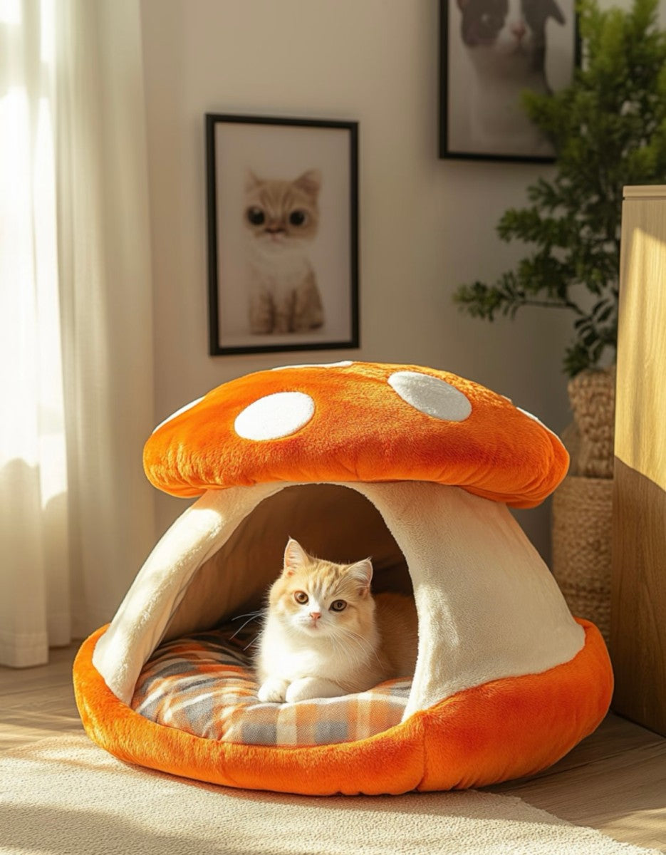 Mushroom Cat House – Plush Enclosed Bed for Cats