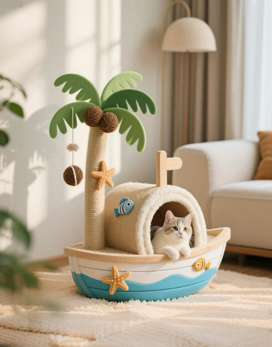 Tropical Boat Cat Tree – Cat Condo with Scratching Post and Toys