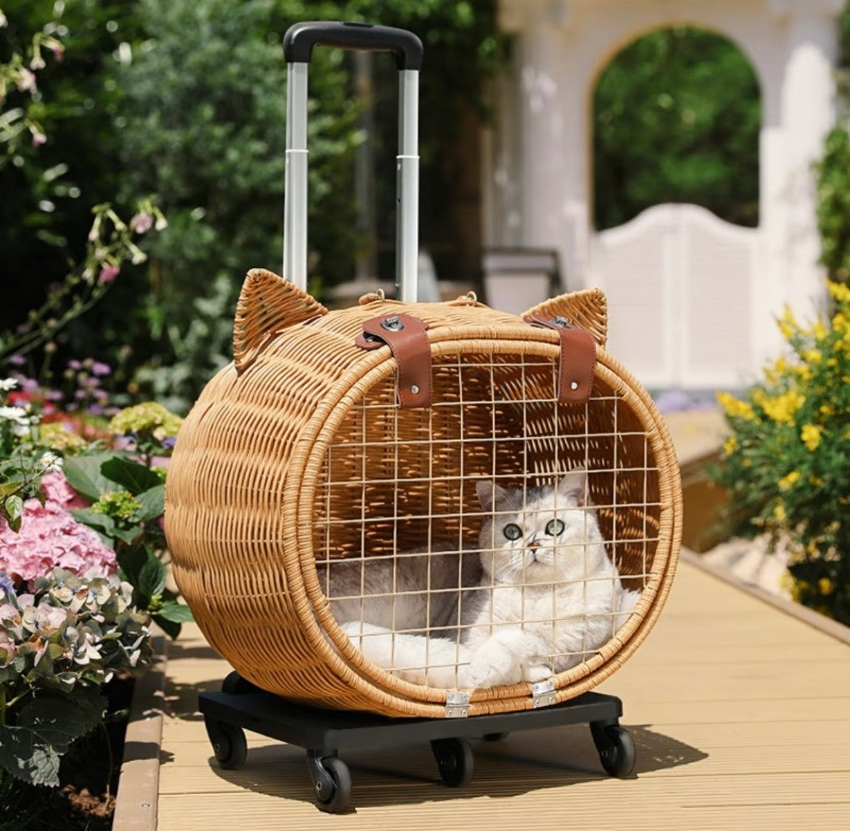 Rattan Cat Cart Carrier – Rolling Pet Trolley with Handle