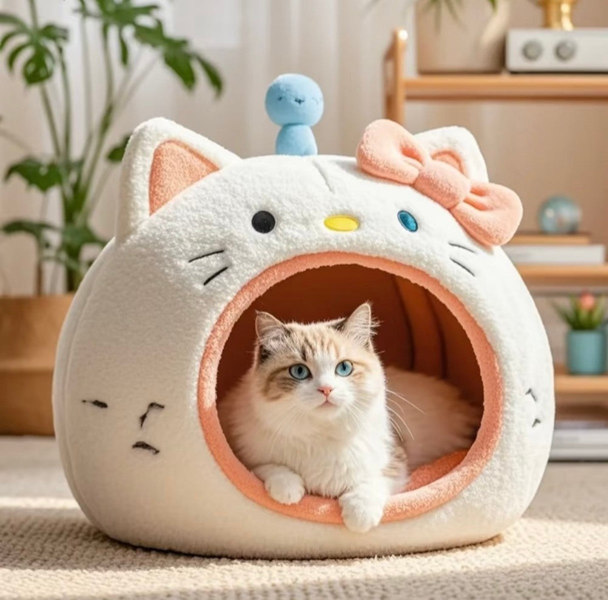Cute Cat Face Plush Pet House – Enclosed Cozy Bed for Cats and Kittens