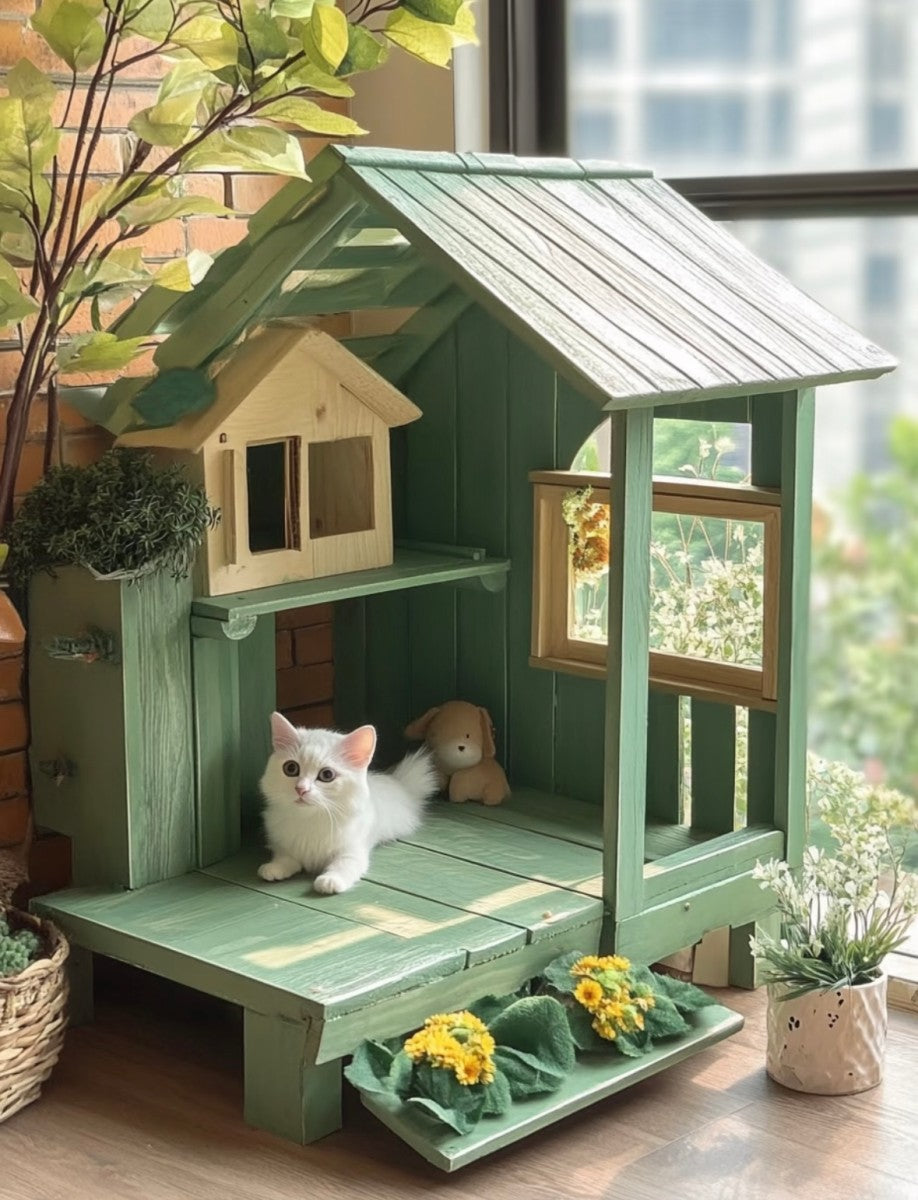 Wooden Garden Cat House – Outdoor/Indoor Cat Shelter with Balcony