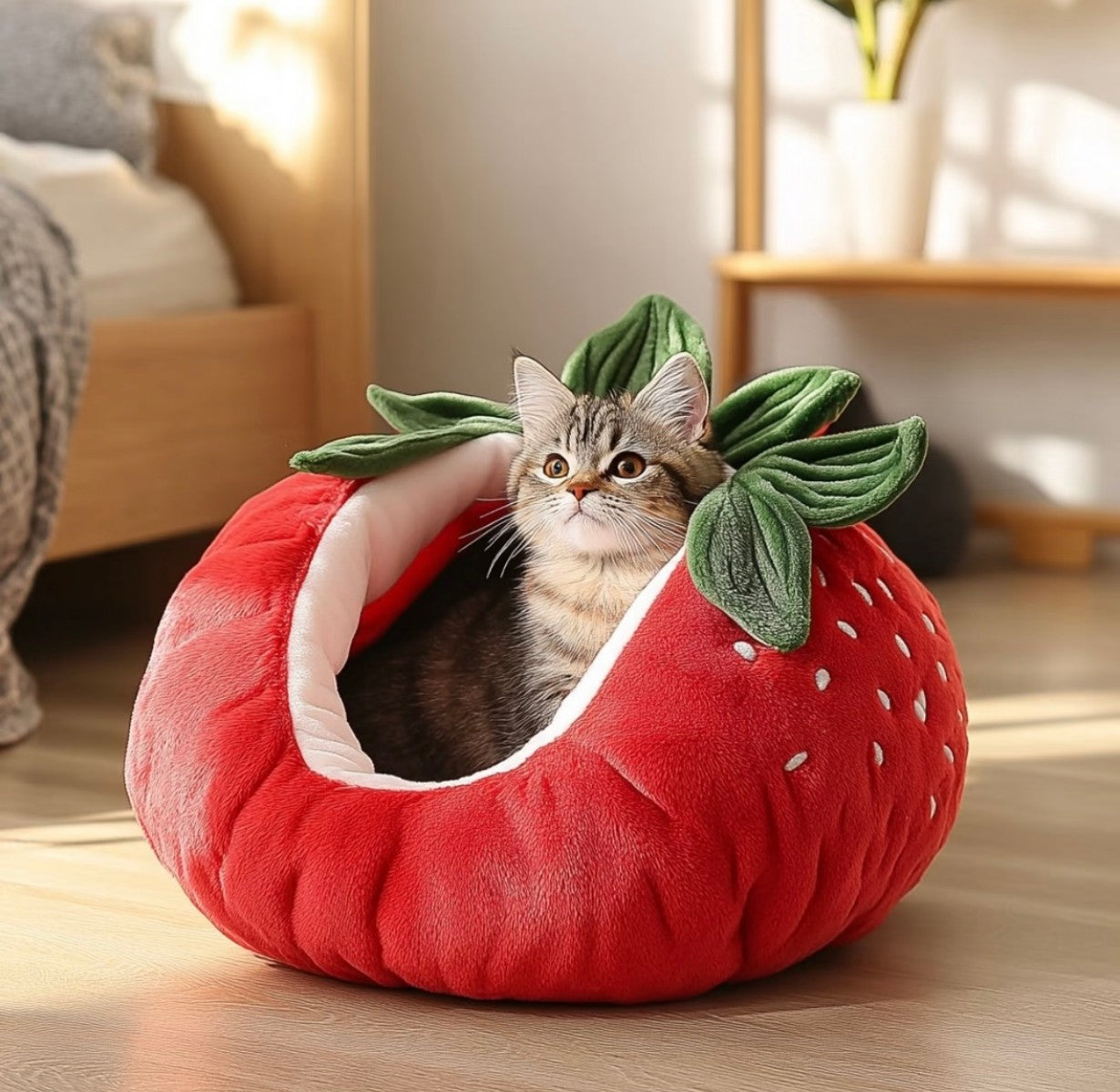Strawberry Plush Cat Bed – Cute Enclosed Pet Bed for Small Pets
