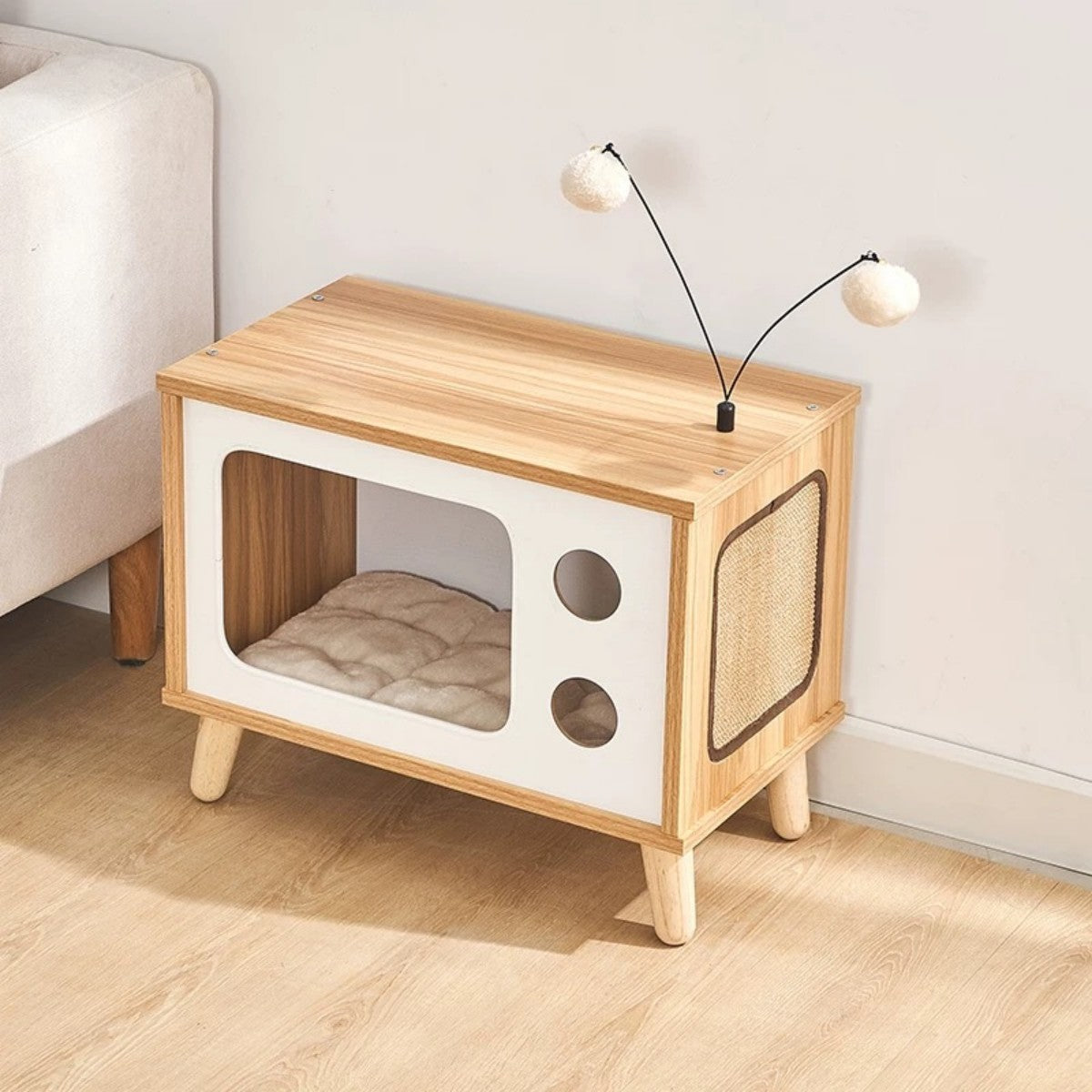 Multifunctional Wooden Cat House – Cat Bed with Scratcher and Play Toy