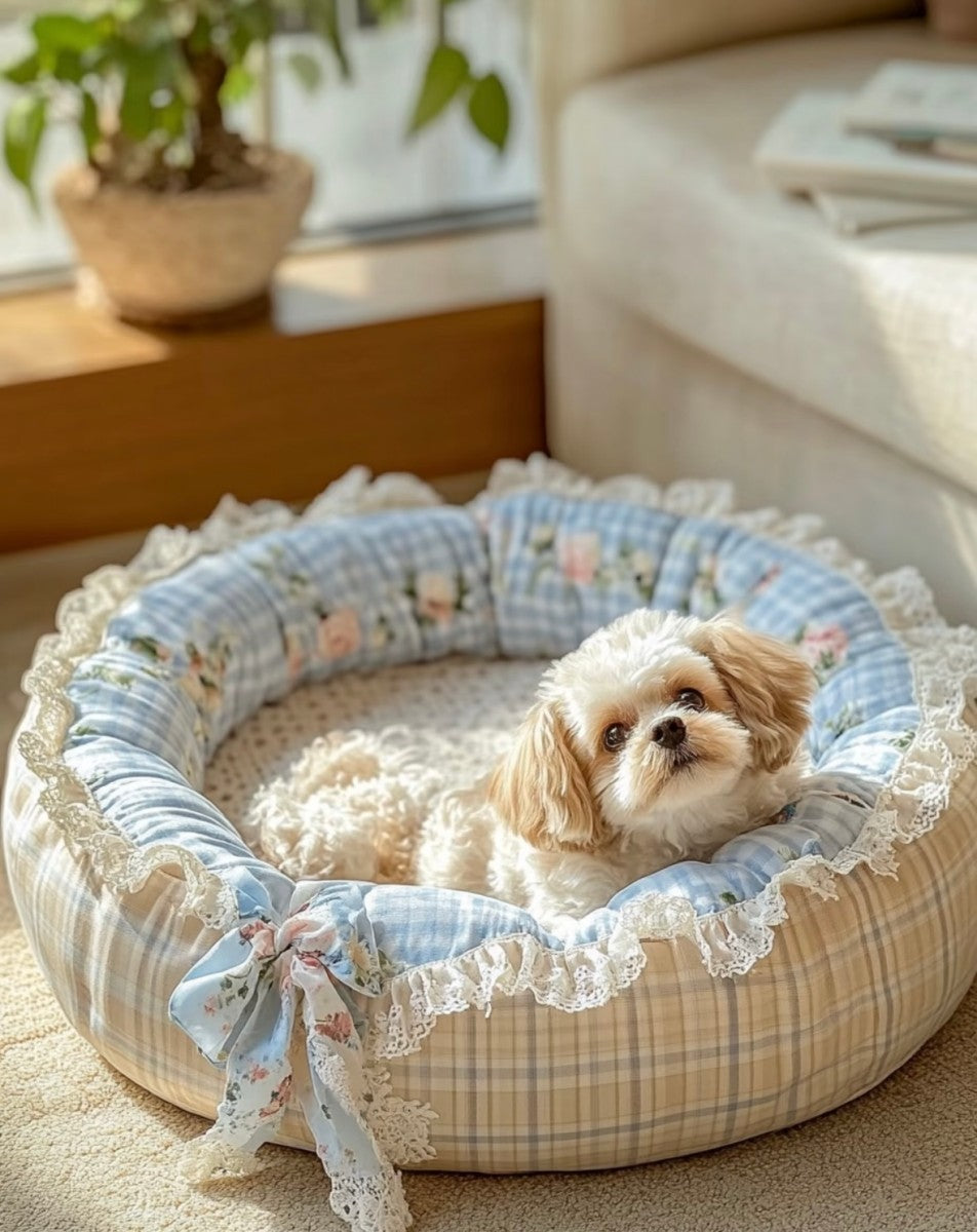Lace Floral Round Dog Bed – Soft Cushion Pet Nest for Small Dogs