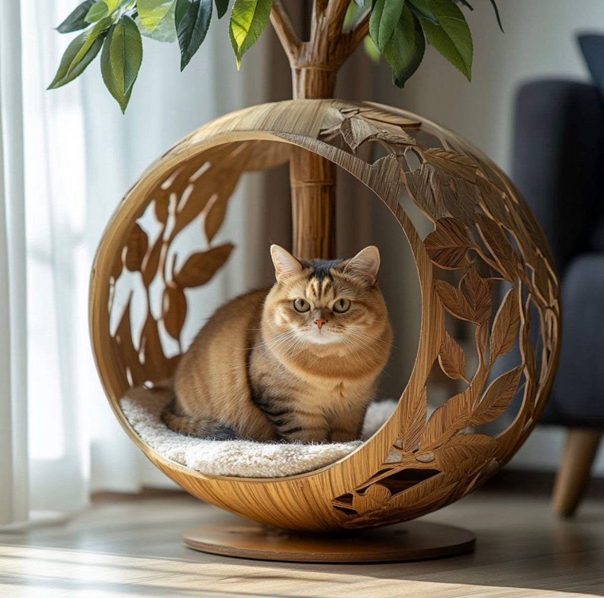 Nature-Inspired Cat Bed – Carved Wooden Leaf Design Cat Lounge