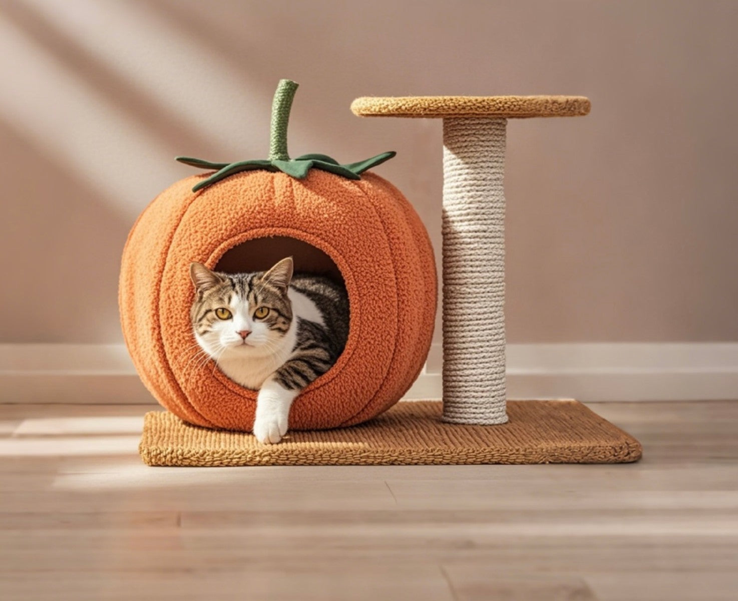 Pumpkin Cat Tree – Cat Condo with Scratching Post and Hideaway Bed