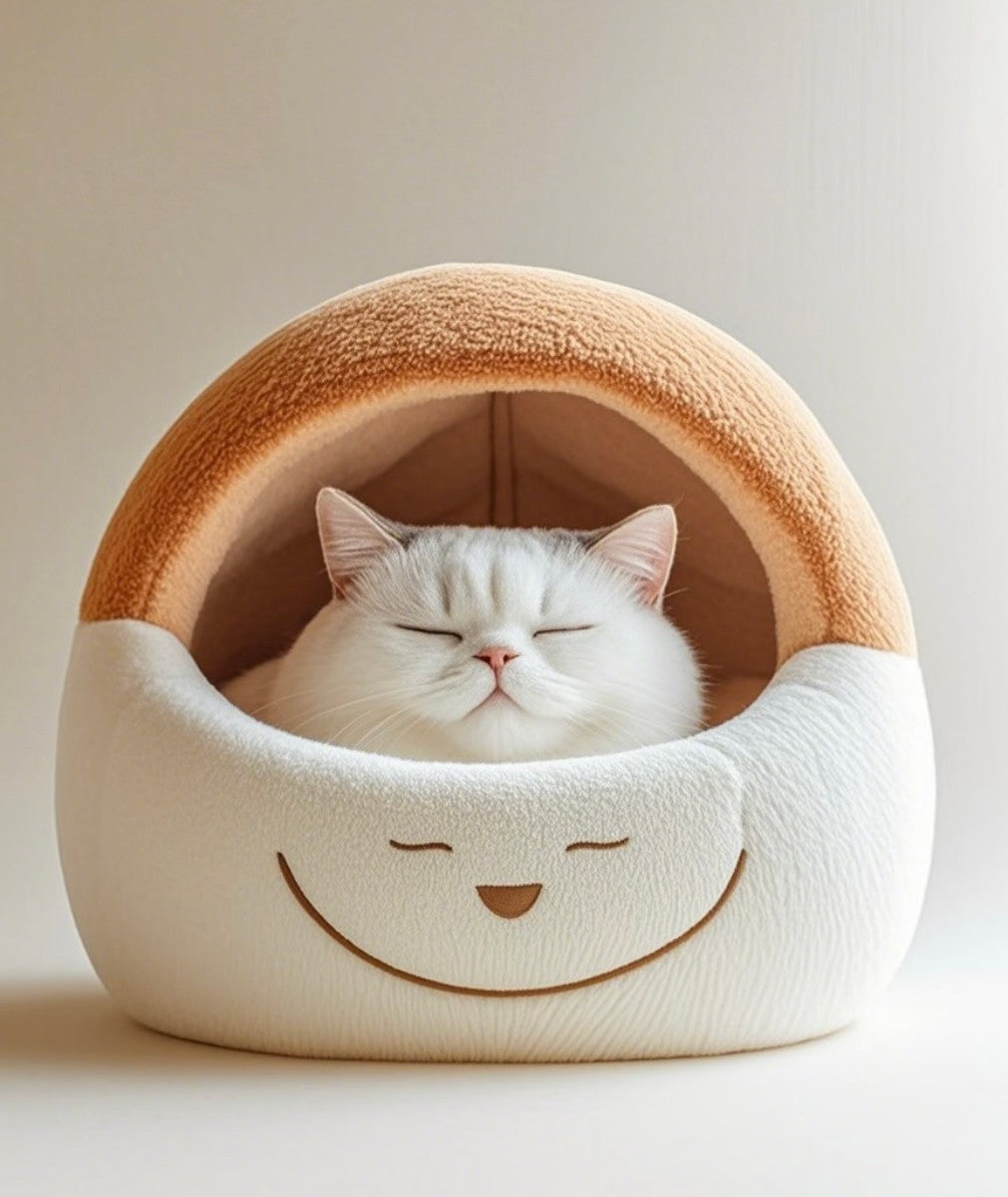 Smiling Face Plush Cat Bed House – Cozy Enclosed Bed for Cats and Kittens