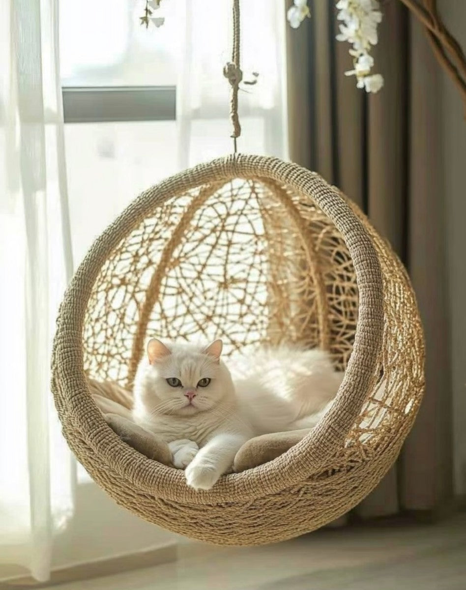 Hanging Wicker Cat Hammock – Boho Style Cat Swing Bed