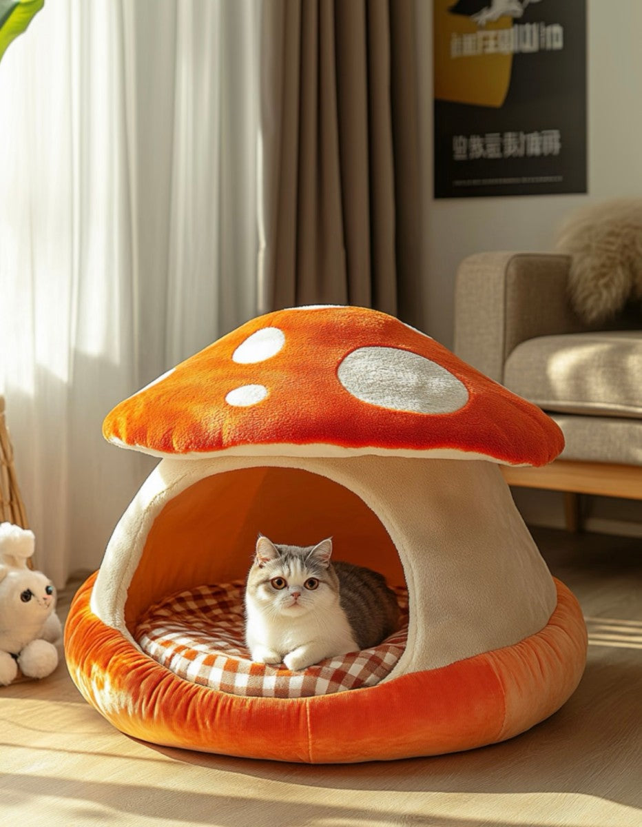 Mushroom Plush Cat House – Cute Enclosed Cat Bed with Soft Cushi