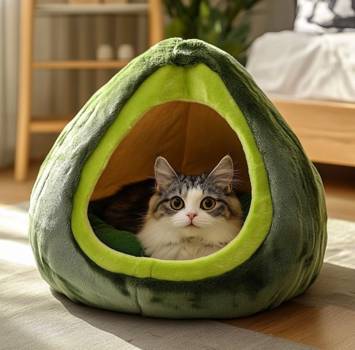 Avocado Plush Cat House – Cozy Enclosed Bed for Cats and Small Pets