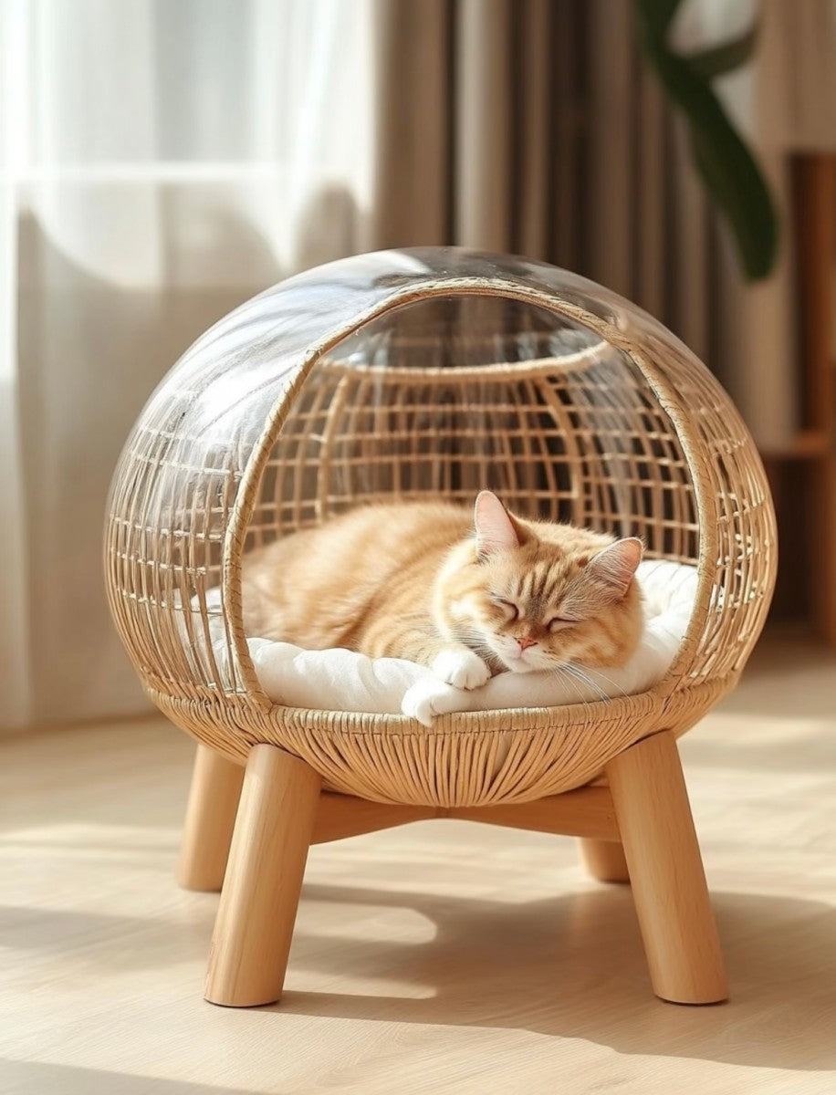 Rattan Dome Cat Bed – Modern Acrylic Covered Pet Bed for Cats