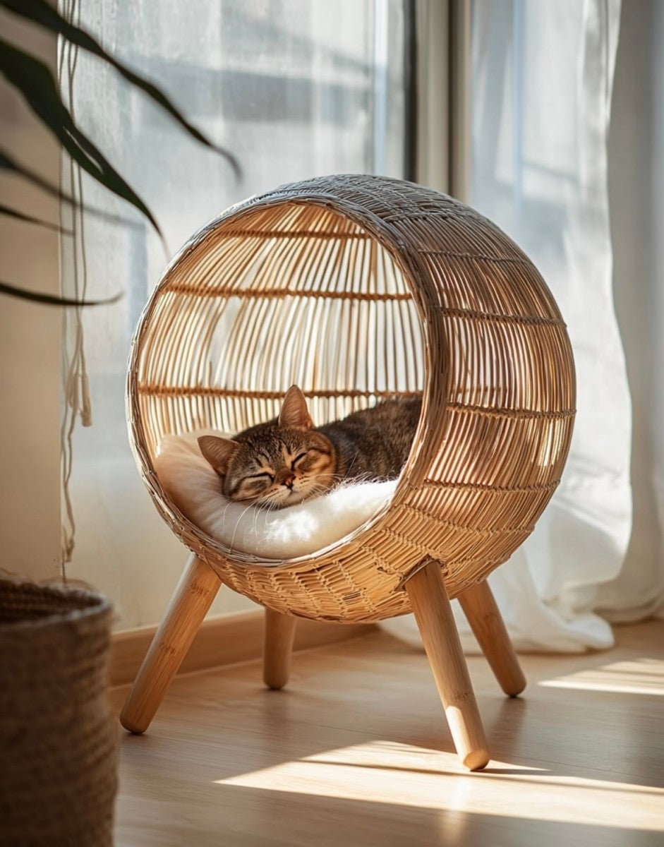 Rattan Dome Cat Bed – Elevated Natural Pet Lounger with Soft Cushion
